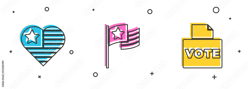 Set USA Independence day, American flag and Vote box icon. Vector Set USA Independence day, American flag and Vote box icon. Vector