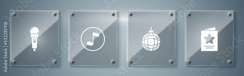 Set Greeting card  Disco ball  Music note  tone and Microphone. Square glass panels. Vector
