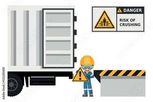 Danger of risk of crushing between a vehicle and the loading dock. Fall hazard. Security sign and pictogram. Work accident prevention. Security First. Industrial safety and occupational health at work