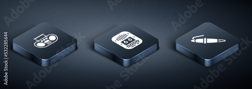 Set Isometric Home stereo with two speakers, Fountain pen nib and Cassette tape player icon. Vector