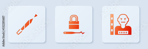 Set Lock picks for lock picking, Marijuana joint and Suspect criminal. White square button. Vector