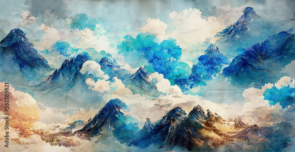 Minimalistic mountain landscape with watercolor brush in Japanese  traditional style. Wallpaper with abstract art for prints or covers. 3d  artwork Stock Illustration | Adobe Stock