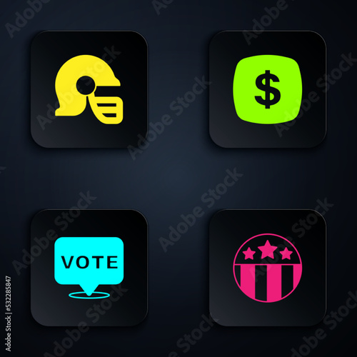 Set Medal with star, American football helmet, Vote and Dollar symbol. Black square button. Vector