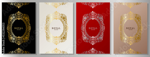 Royal covers set. Luxury brochure with gold and silver ornaments on black, platinum, red and pink background. 