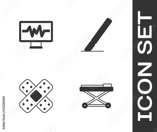 Set Stretcher, Monitor with cardiogram, Crossed bandage plaster and Surgery scalpel icon. Vector