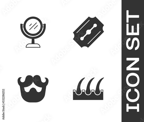 Set Human hair follicle, Hand mirror, Mustache beard and Blade razor icon. Vector