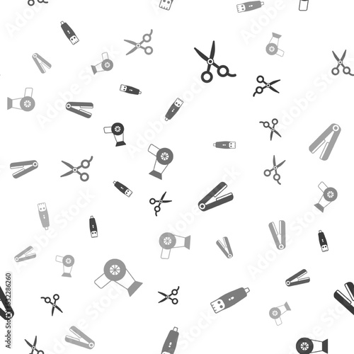 Set Scissors hairdresser, Hair clipper, Curling iron for and dryer on seamless pattern. Vector