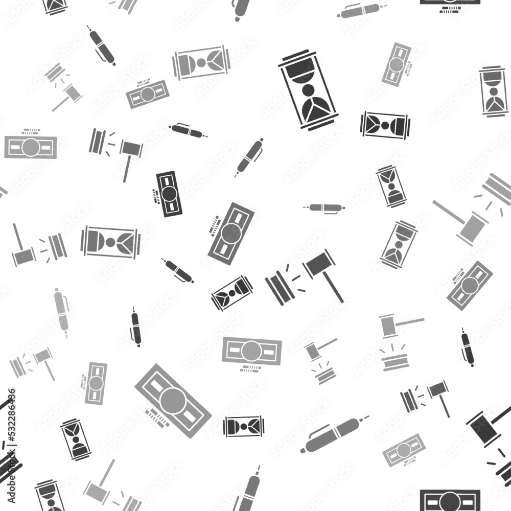 Set Old hourglass with sand, Pen, Judge gavel and Stacks paper money cash on seamless pattern. Vector Set Old hourglass with sand, Pen, Judge gavel and Stacks paper money cash on seamless pattern. Vector