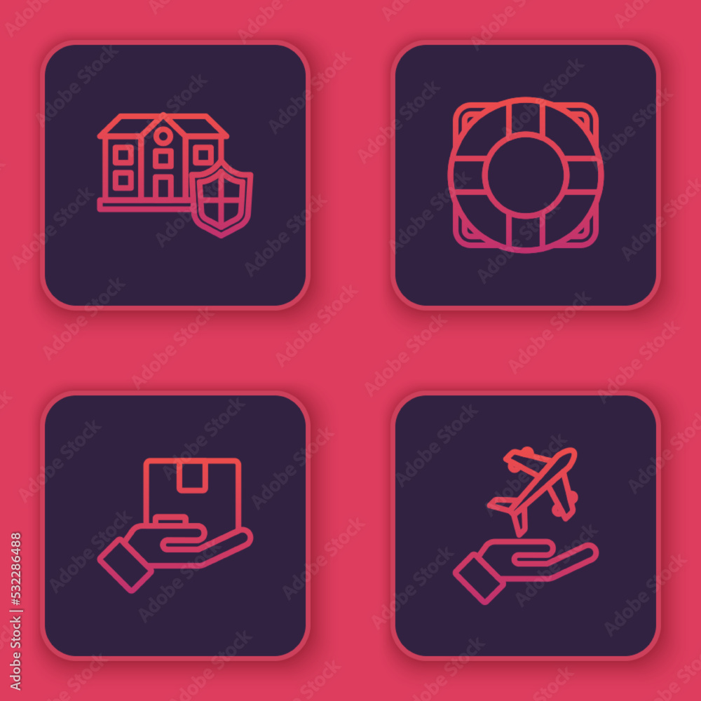 Set line House with shield, Delivery insurance, Lifebuoy and Plane hand. Blue square button. Vector Set line House with shield, Delivery insurance, Lifebuoy and Plane hand. Blue square button. Vector