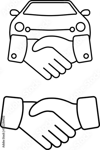 Car Deal with Hand shake sign line icon or logo. Business shaking concept. Car dealer making a deal handshake vector linear illustration.