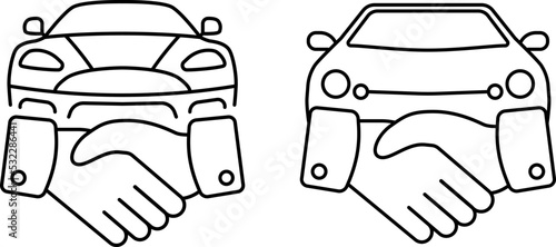 Car Deal with Hand shake sign line icon or logo. Business shaking concept. Car dealer making a deal handshake vector linear illustration.