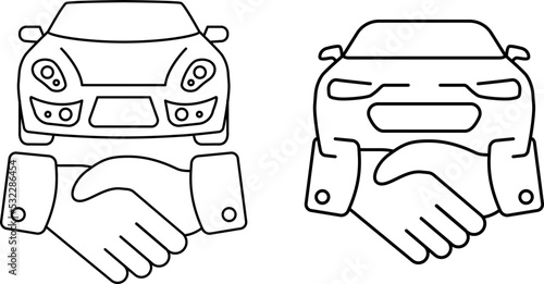 Car Deal with Hand shake sign line icon or logo. Business shaking concept. Car dealer making a deal handshake vector linear illustration.