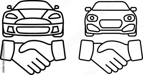 Car Deal with Hand shake sign line icon or logo. Business shaking concept. Car dealer making a deal handshake vector linear illustration.