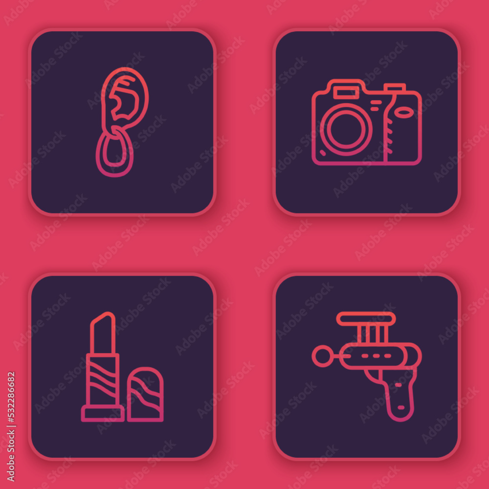 Set line Ear with earring, Lipstick, Photo camera and Ray gun. Blue square button. Vector Set line Ear with earring, Lipstick, Photo camera and Ray gun. Blue square button. Vector