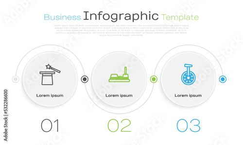 Set line Magic hat and wand, Bumper car and Unicycle or one wheel bicycle. Business infographic template. Vector