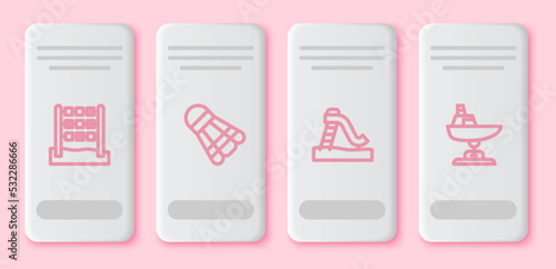 Set line Tic tac toe game, Badminton shuttlecock, Kid slide and Swing boat. White rectangle button. Vector