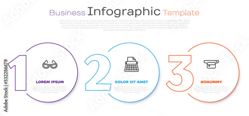 Set line Glasses, Retro typewriter and Waist bag of banana. Business infographic template. Vector