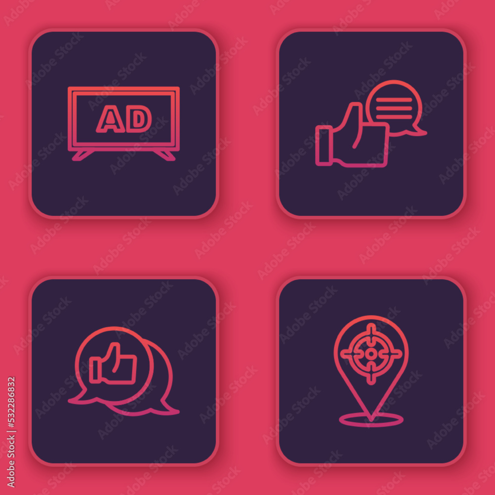 Set line Advertising, Customer product rating, and Target. Blue square button. Vector Set line Advertising, Customer product rating, and Target. Blue square button. Vector