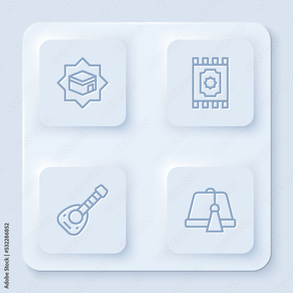 Set line Kaaba mosque, Traditional carpet, Lute and Turkish hat. White square button. Vector Set line Kaaba mosque, Traditional carpet, Lute and Turkish hat. White square button. Vector