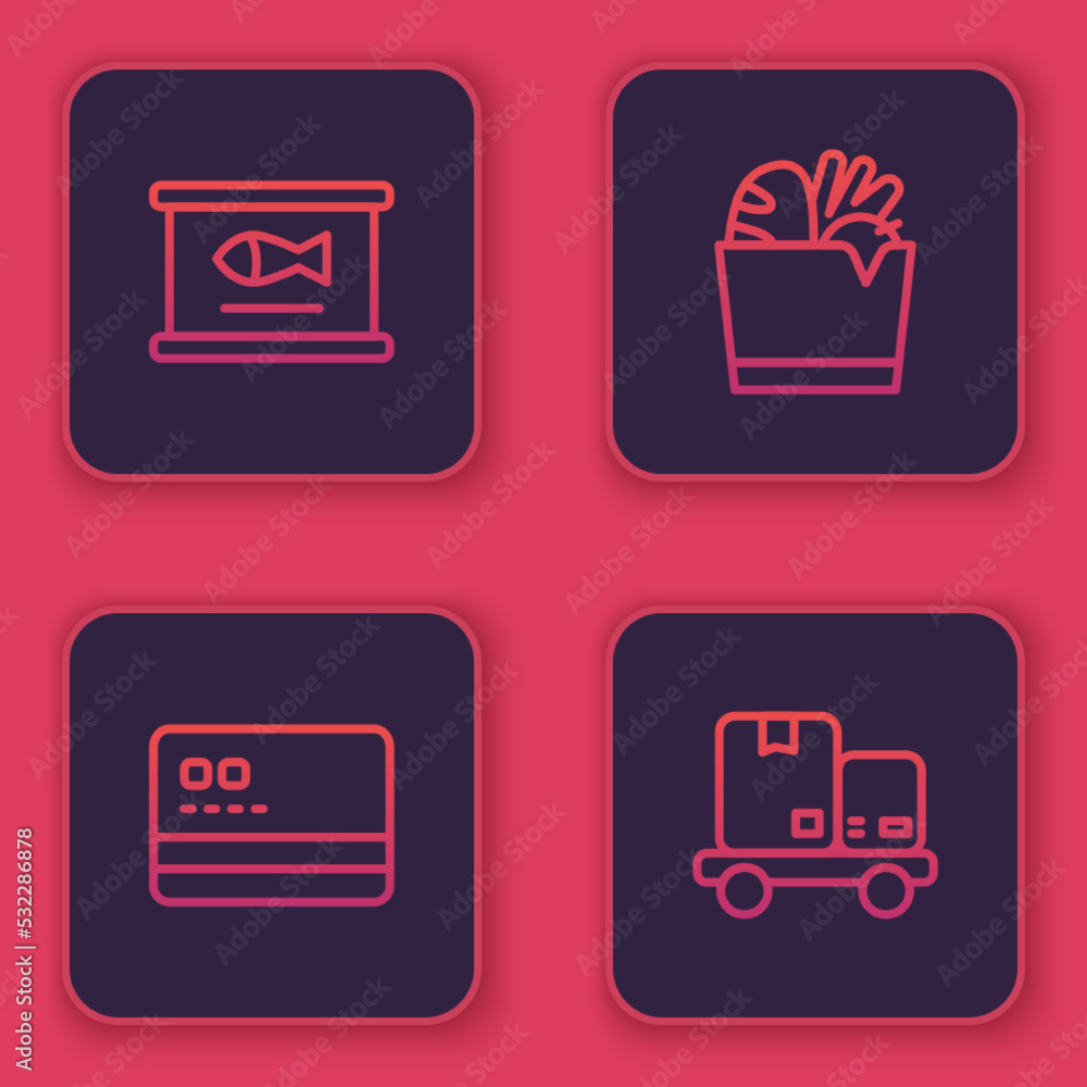 Set line Canned fish, Credit card, Shopping bag and food and Hand truck boxes. Blue square button. Vector Set line Canned fish, Credit card, Shopping bag and food and Hand truck boxes. Blue square button. Vector