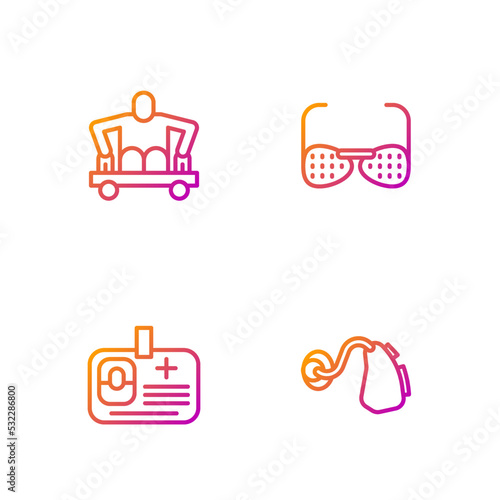 Set line Hearing aid, Identification badge, Man without legs sitting wheelchair and Blind glasses. Gradient color icons. Vector