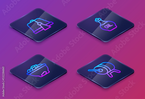 Set Isometric line Turkish hat, Date fruit in bowl, Essential oil bottle and Ramadan drum. Blue square button. Vector