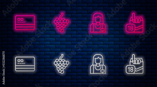 Set line Grape fruit, Seller, Credit card and Cigarettes pack box. Glowing neon icon on brick wall. Vector