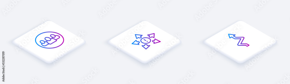 Set Isometric line Project team base, Many ways directional arrow and Arrow. White square button. Vector Set Isometric line Project team base, Many ways directional arrow and Arrow. White square button. Vector