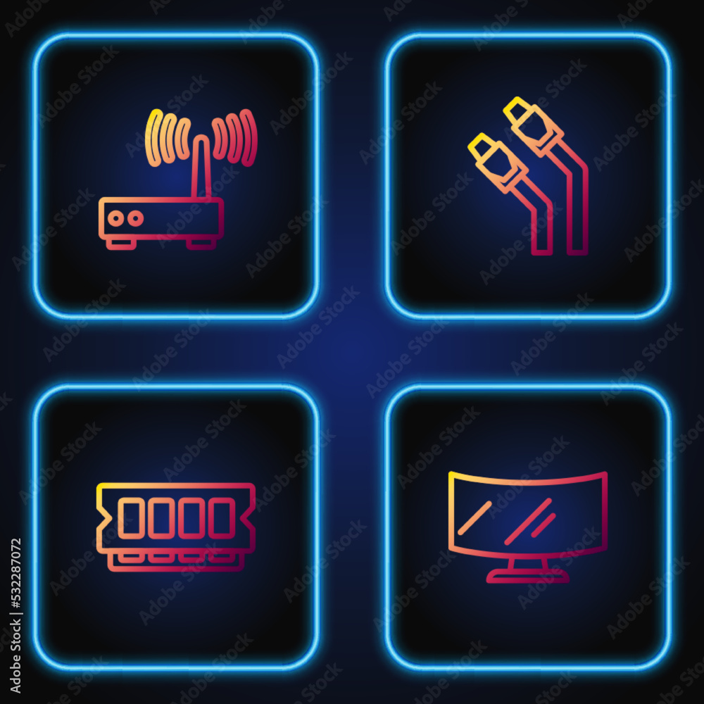 Set line Computer monitor screen, RAM, random access memory, Router wi-fi signal and LAN cable network internet. Gradient color icons. Vector Set line Computer monitor screen, RAM, random access memory, Router wi-fi signal and LAN cable network internet. Gradient color icons. Vector
