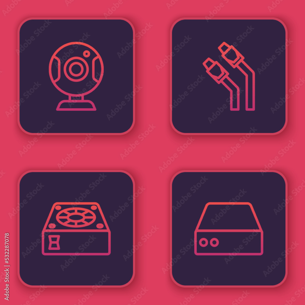 Set line Web camera, Computer cooler, LAN cable network internet and Server, Data, Hosting. Blue square button. Vector Set line Web camera, Computer cooler, LAN cable network internet and Server, Data, Hosting. Blue square button. Vector