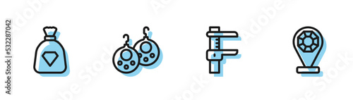 Set line Calliper or caliper and scale, Bag with gems, Earrings and Jewelry store icon. Vector
