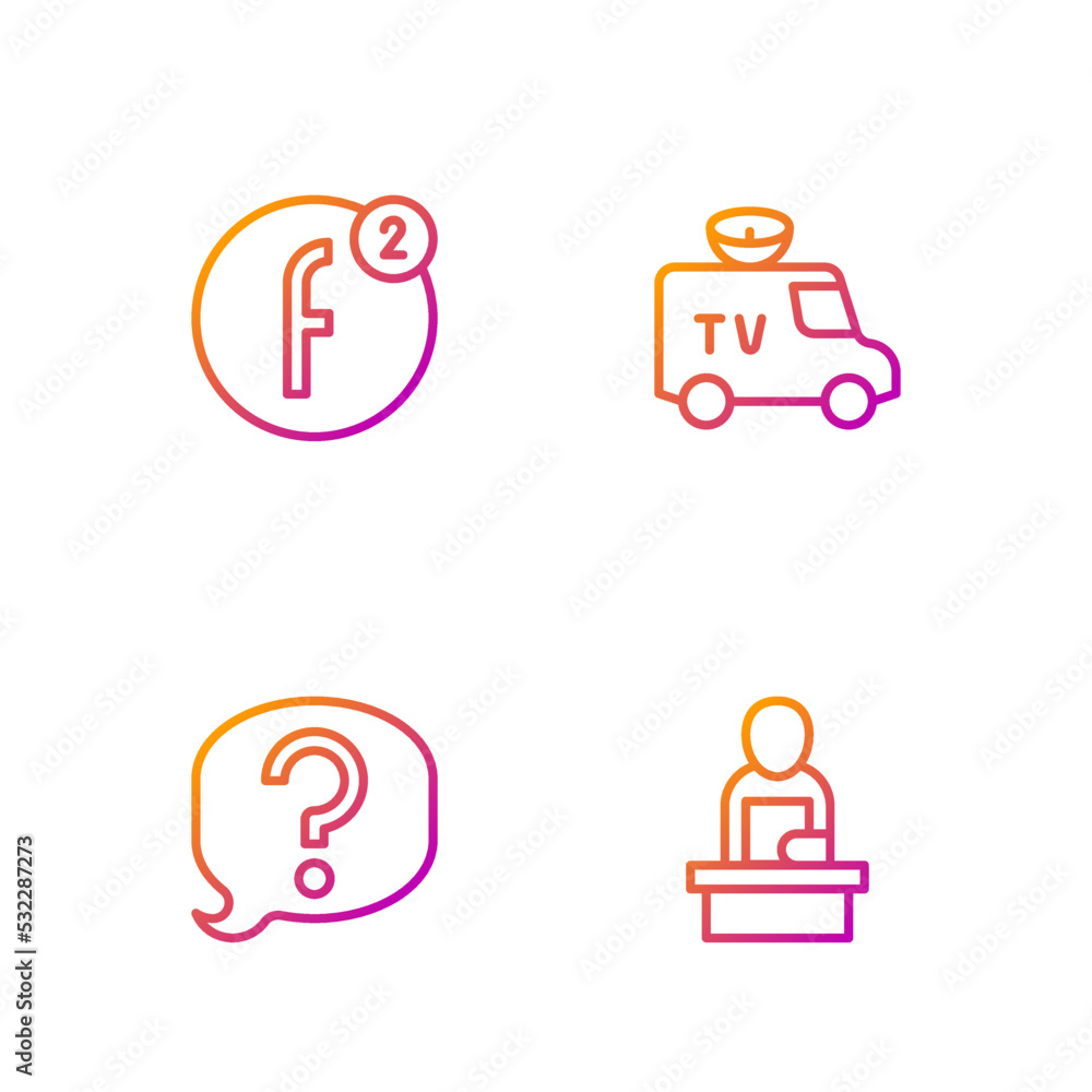 Set line Breaking news, Speech bubble chat, Create account and TV News car. Gradient color icons. Vector Set line Breaking news, Speech bubble chat, Create account and TV News car. Gradient color icons. Vector