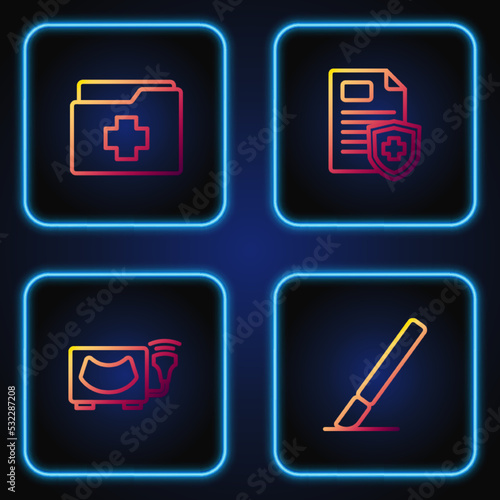 Set line Surgery scalpel, Ultrasound, Patient record and . Gradient color icons. Vector