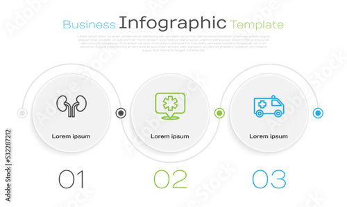 Set line Human kidneys, Location hospital and Ambulance car. Business infographic template. Vector