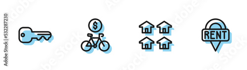 Set line Real estate, House key, Bicycle rental mobile app and Location icon. Vector