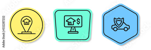 Set line Location house, Online real estate and Car with shield. Colored shapes. Vector