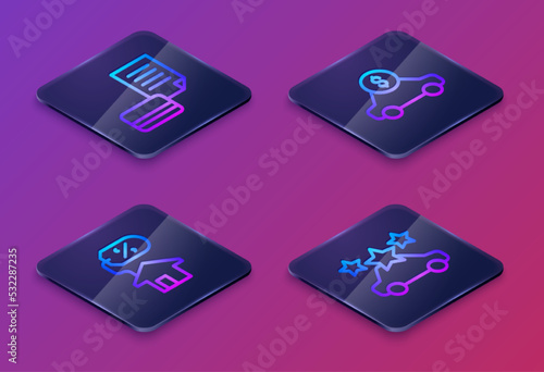 Set Isometric line Credit card, House with percant, Car rental and sharing. Blue square button. Vector