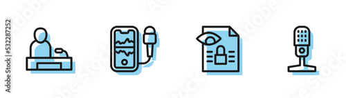 Set line Journalistic investigation, Television report, Mobile recording and Microphone icon. Vector