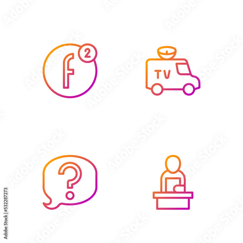 Set line Breaking news, Speech bubble chat, Create account and TV News car. Gradient color icons. Vector