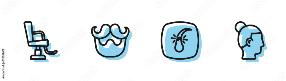Set line Broken hair follicle, Barbershop chair, Mustache and beard and Hairstyle for men icon. Vector Set line Broken hair follicle, Barbershop chair, Mustache and beard and Hairstyle for men icon. Vector