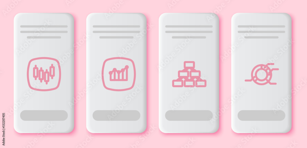 Set line Browser with stocks market, Financial growth, Hierarchy organogram and Pie chart infographic. White rectangle button. Vector Set line Browser with stocks market, Financial growth, Hierarchy organogram and Pie chart infographic. White rectangle button. Vector