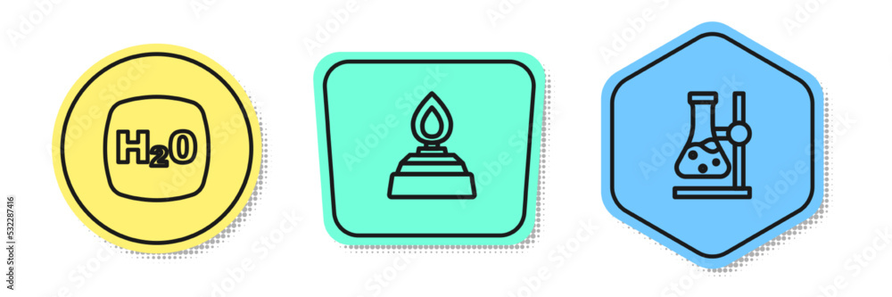 Set line Chemical formula H2O, Alcohol spirit burner and Test tube flask on stand. Colored shapes. Vector Set line Chemical formula H2O, Alcohol spirit burner and Test tube flask on stand. Colored shapes. Vector