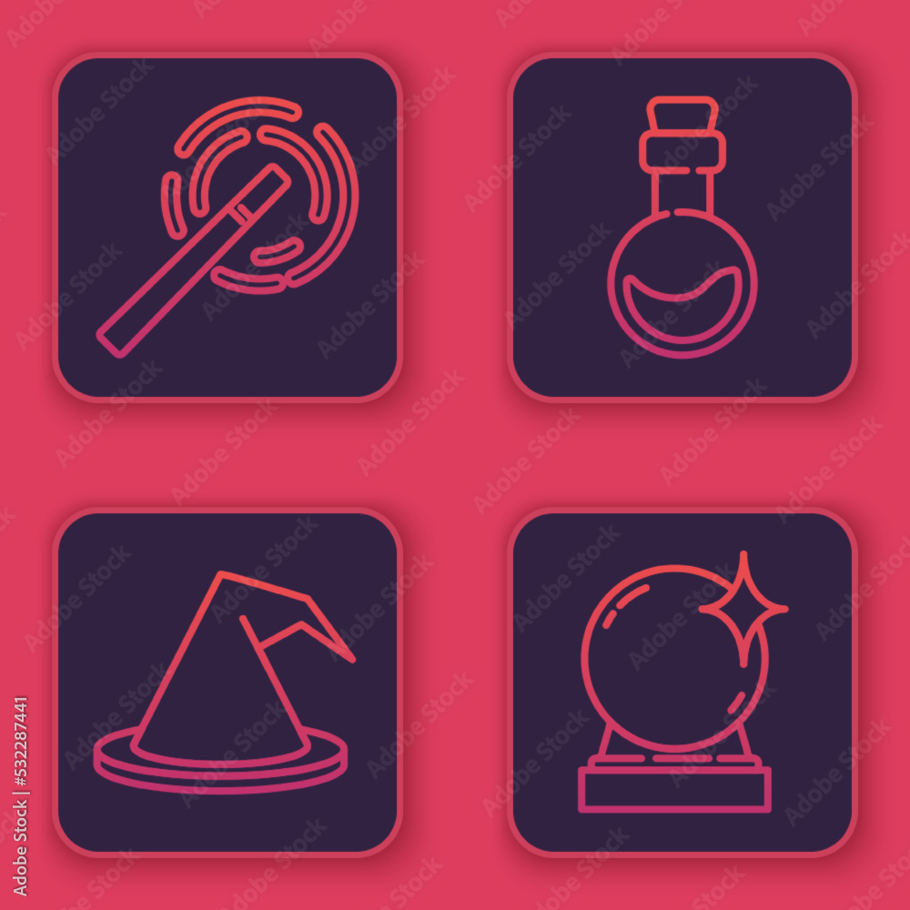 Set line Magic wand, Witch hat, Bottle with love potion and Magic ball. Blue square button. Vector Set line Magic wand, Witch hat, Bottle with love potion and Magic ball. Blue square button. Vector
