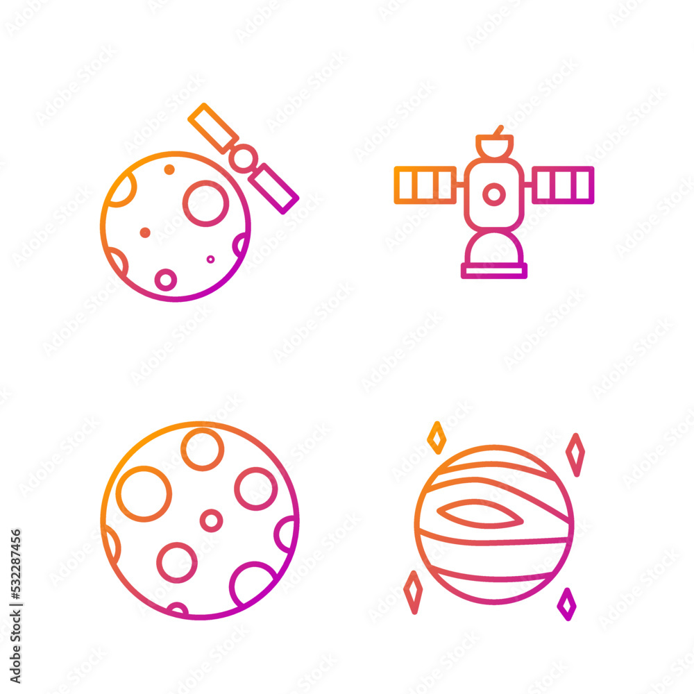 Set line Planet Venus, Moon, Satellites orbiting the planet Earth and Satellite. Gradient color icons. Vector Set line Planet Venus, Moon, Satellites orbiting the planet Earth and Satellite. Gradient color icons. Vector