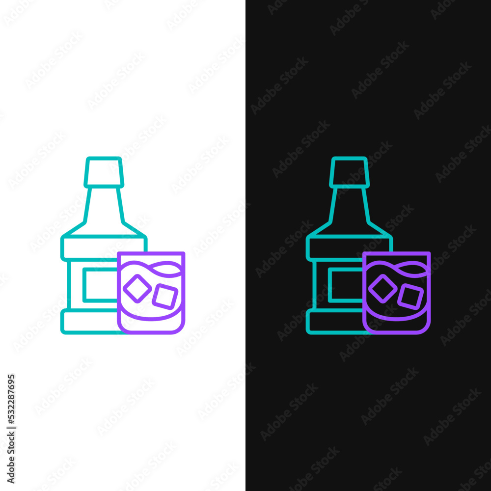 Line Whiskey bottle and glass icon isolated on white and black background. Colorful outline concept. Vector Line Whiskey bottle and glass icon isolated on white and black background. Colorful outline concept. Vector