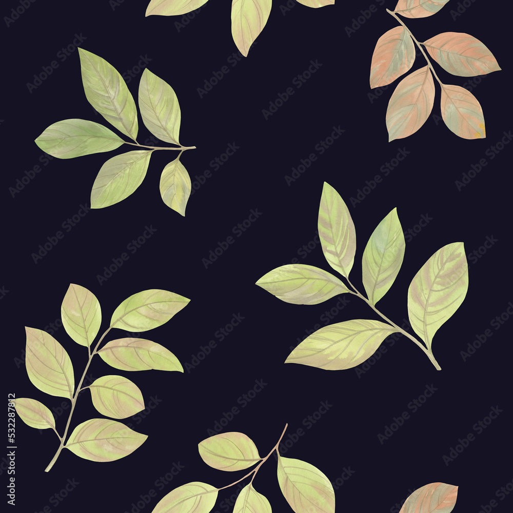 Abstract leaves with branches, seamless botanical pattern. watercolor leaves collected in an ornament for design, baking and wallpaper. Abstract leaves with branches, seamless botanical pattern. watercolor leaves collected in an ornament for design, baking and wallpaper.