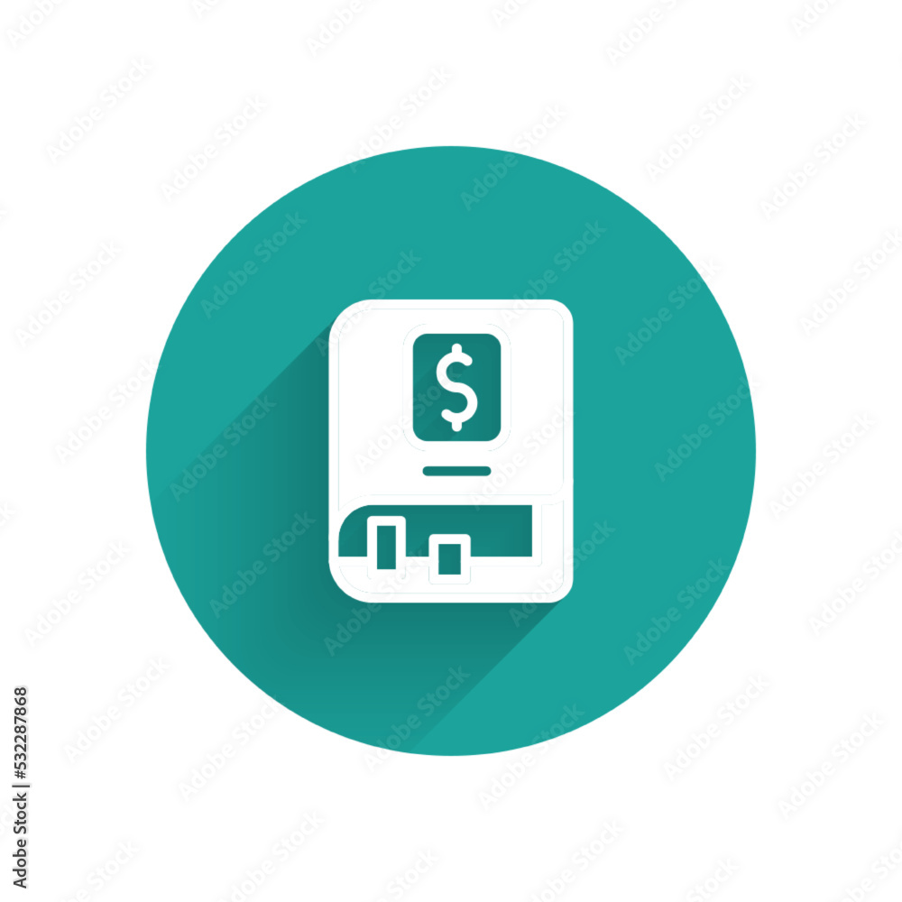 White Financial book icon isolated with long shadow. Green circle button. Vector White Financial book icon isolated with long shadow. Green circle button. Vector