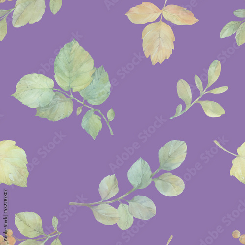 Seamless botanical pattern. Autumn leaves painted in watercolor and isolated on a colored background.