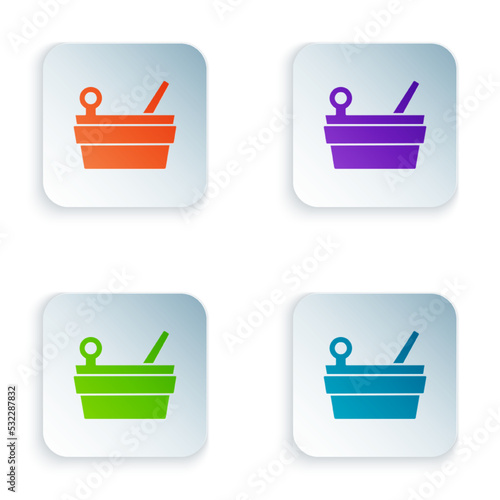 Color Sauna bucket and ladle icon isolated on white background. Set colorful icons in square buttons. Vector