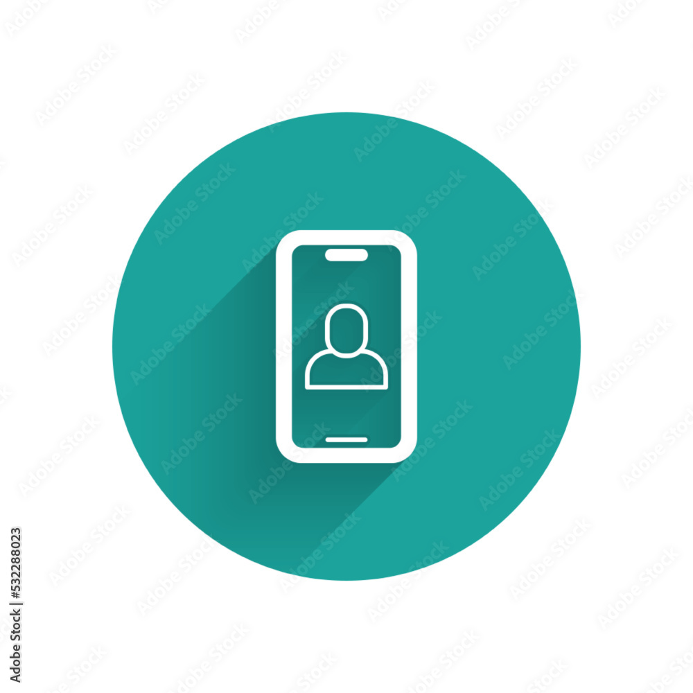 White Video chat conference icon isolated with long shadow. Online meeting work form home. Remote project management. Green circle button. Vector White Video chat conference icon isolated with long shadow. Online meeting work form home. Remote project management. Green circle button. Vector